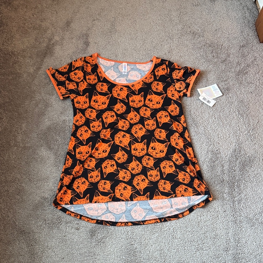 LuLaRoe Black Orange Cat Print Classic T Halloween Short Sleeve Top SIZE XS